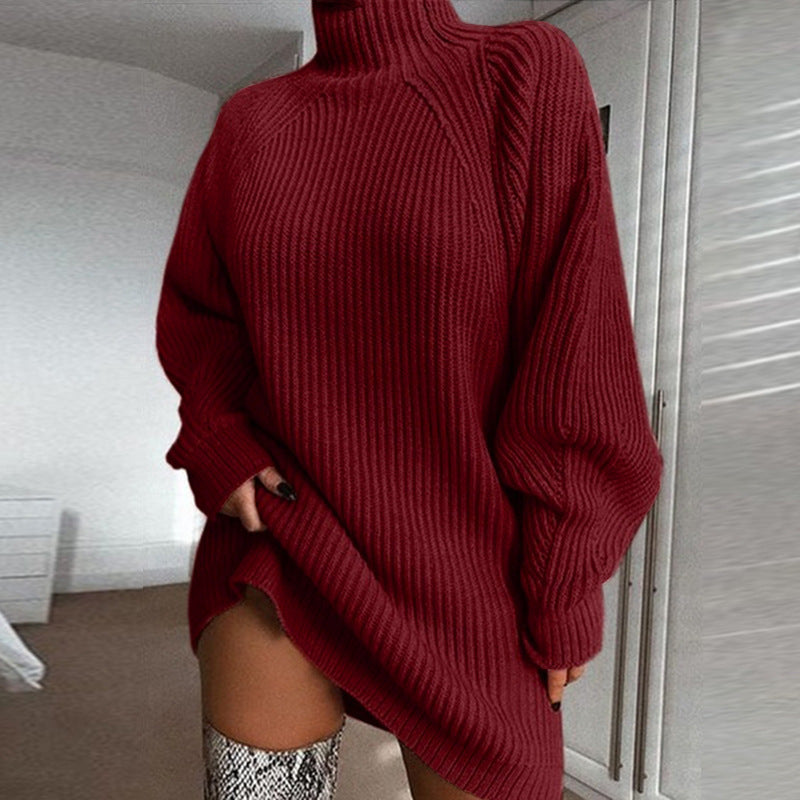 Women autumn and winter knitting raglan sleeve turtleneck sweater dress 5