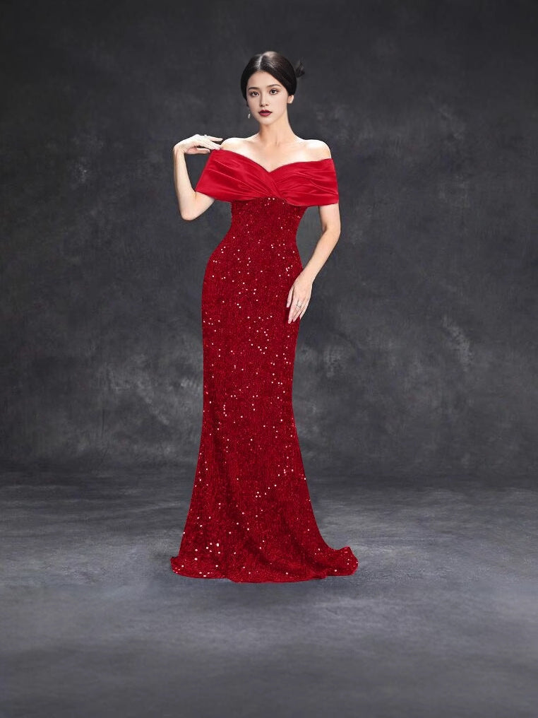 Women Off Shoulder Fishtail Sexy Sequin Party Evening Dress 8