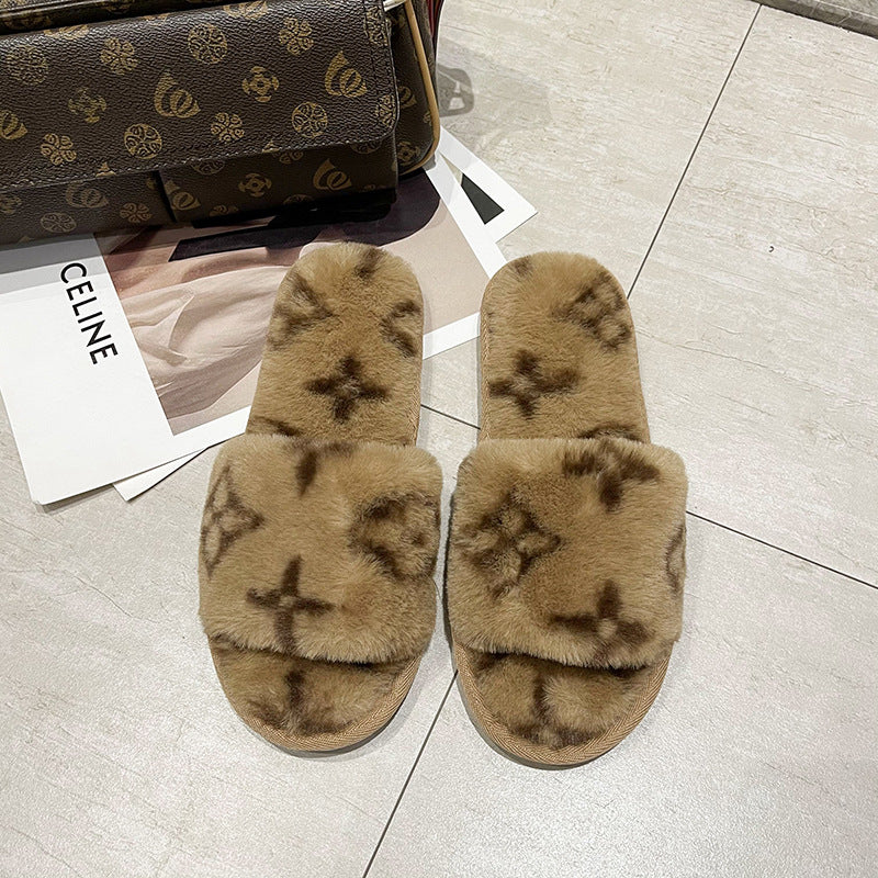fur slipper women's home warm fur coat flat bottom open cotton slippers 12