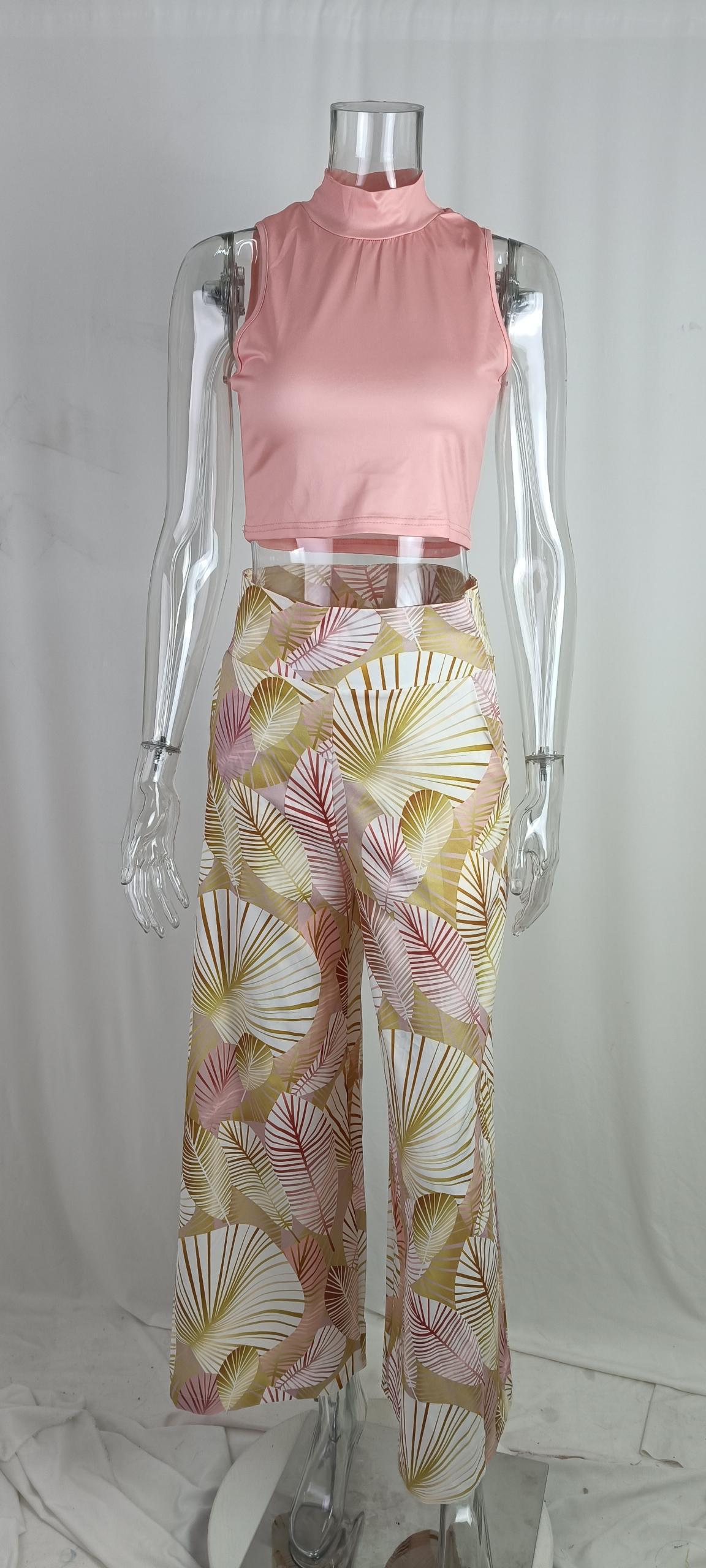 Women Round Neck Sleeveless Top and Print Pant Two Piece 5