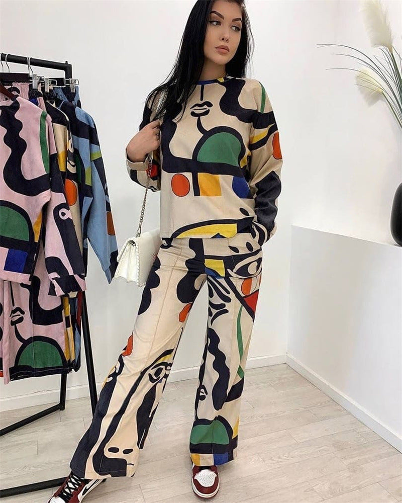 Autumn And Winter Women's Fashion Style Graffiti Printed Loose Long Sleeve Shirt Straight Pants Two Piece Set 3