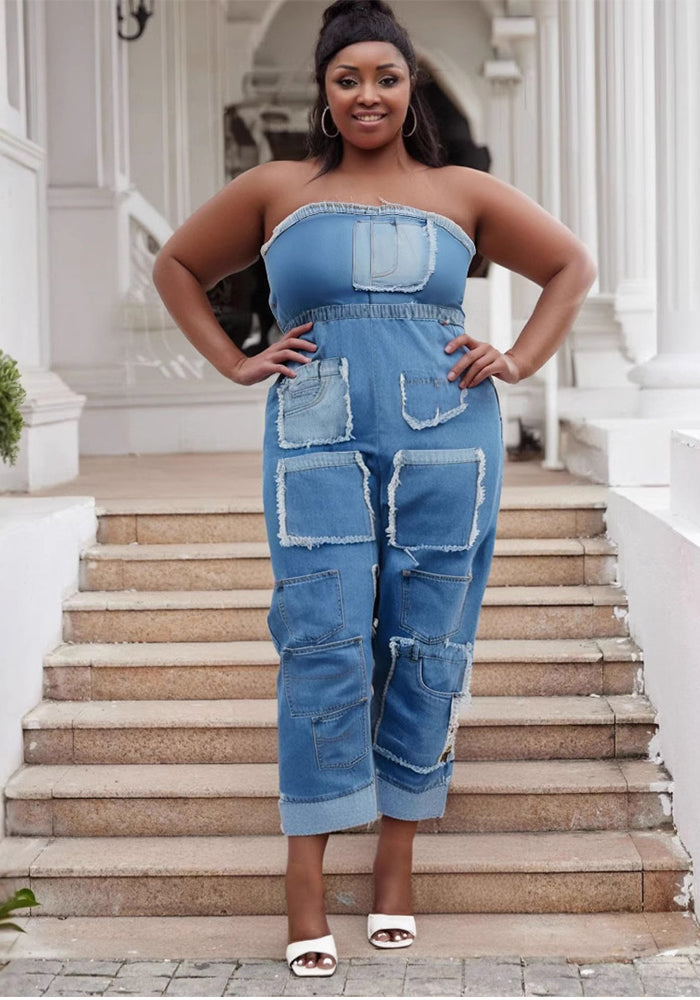 Plus Size Strapless Multi Pocket Patch Cargo Denim Jumpsuit