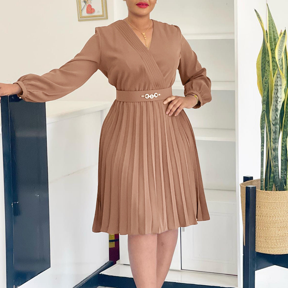 Women Spring V-Neck Pleated African Dress 5