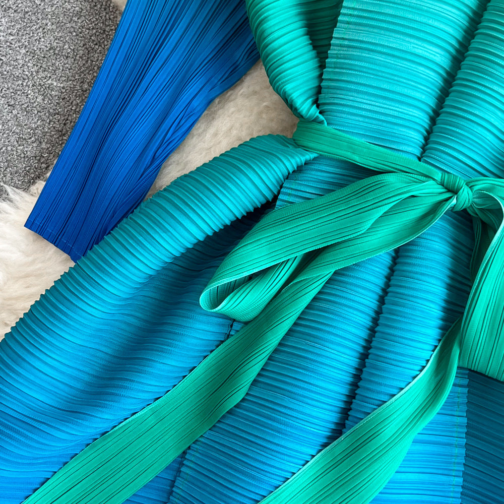 Women Pleated Long Sleeve Turndown Collar Lace-up Gradient Dress 16