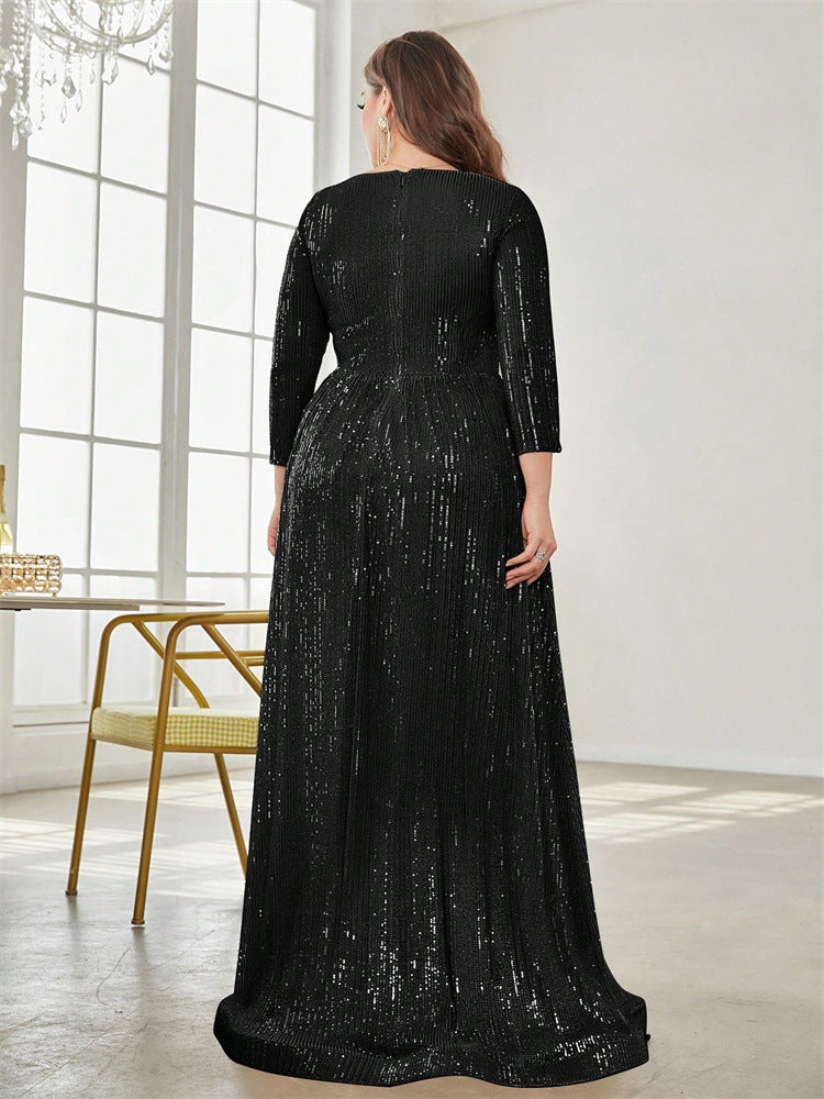 Women Plus Size Sequined Long-Sleeved V-Neck Formal Party Elegant Maxi Dress 7