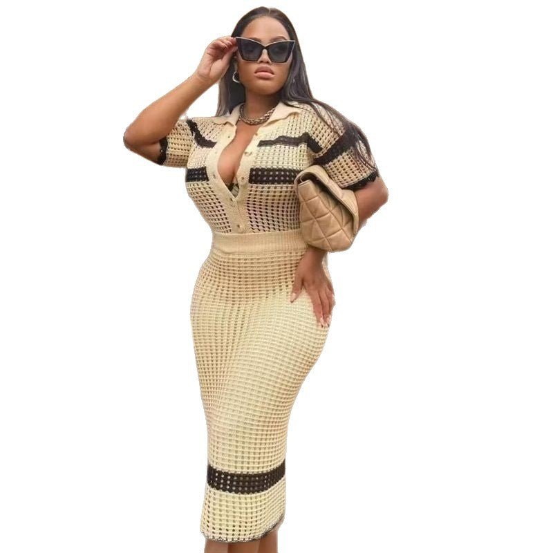 Color-Block Turn-Down Collar Knit Top Skirt Set 6