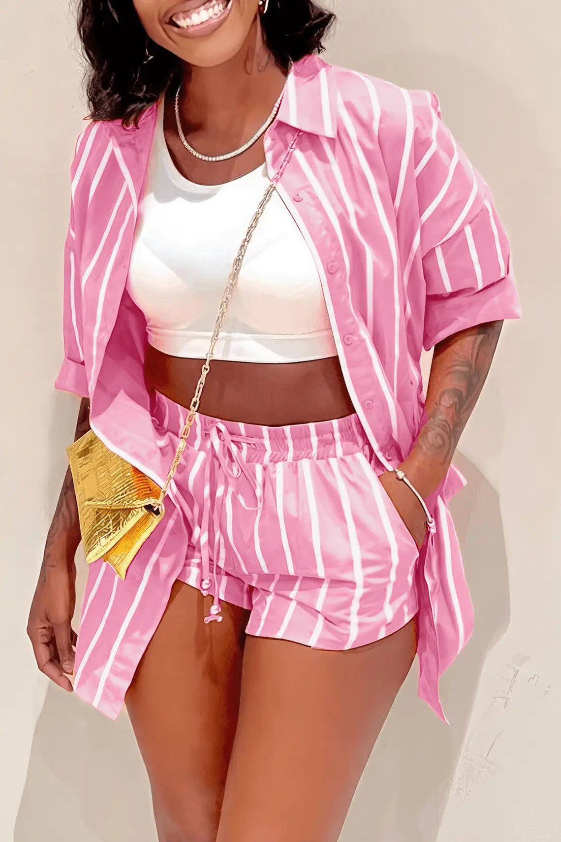 Women summer printed striped short-sleeved shirt + shorts two-piece set 6