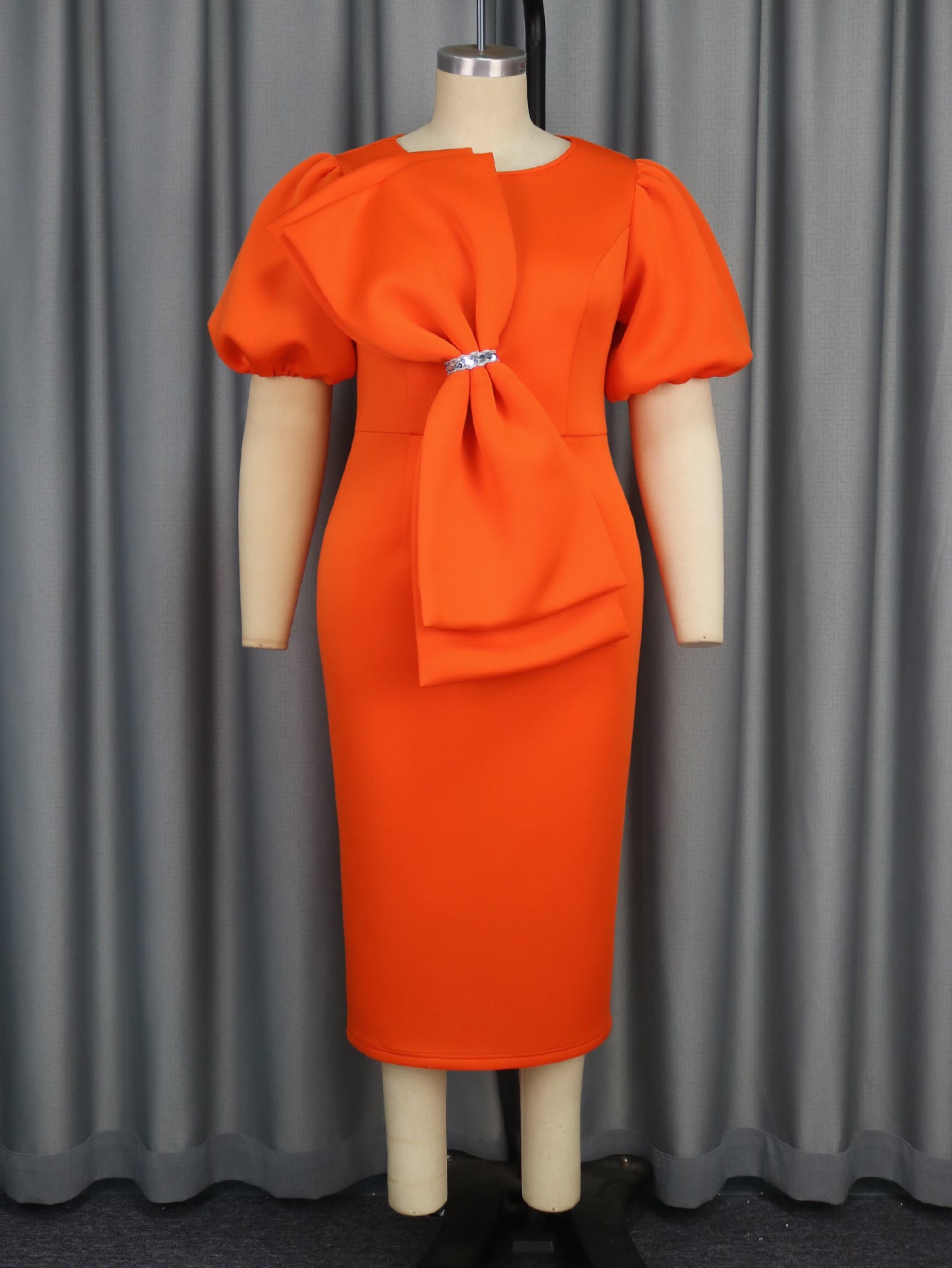 Elegant Puff Sleeve Round Neck Dress Bow Accent High Waist Party Gown 3