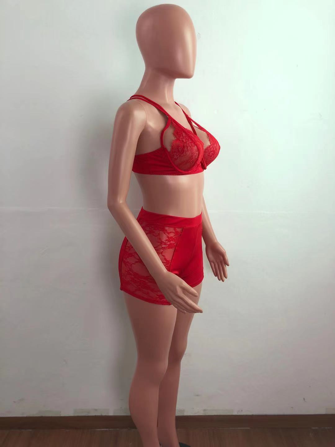 Women Body-fitting Lace Shoulder Strap Lace Two-piece Set 9