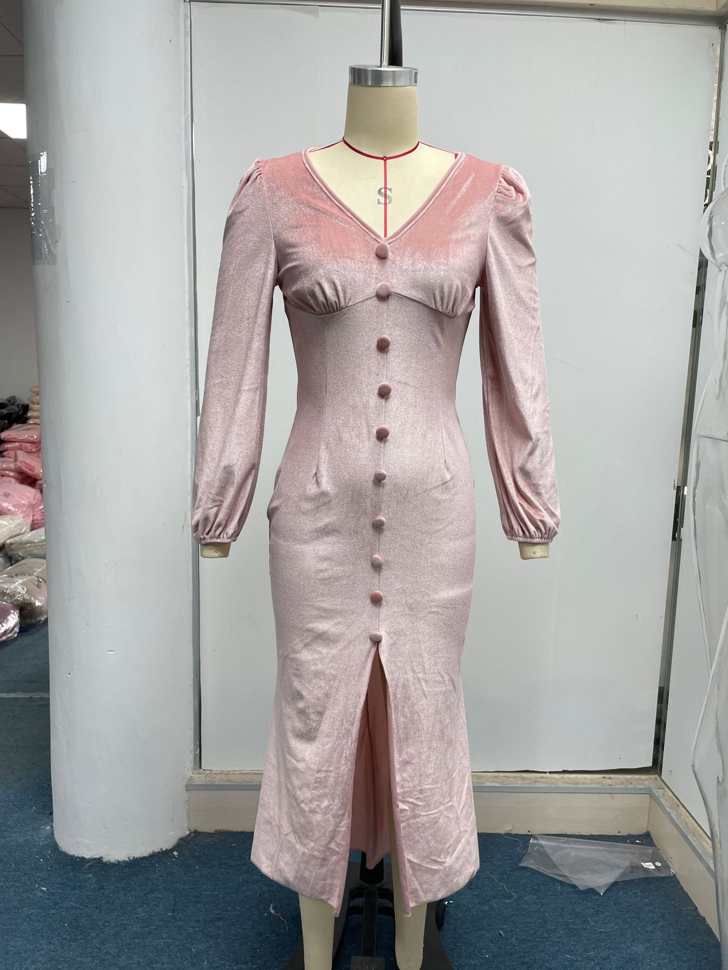 Women Autumn Knittingv Collar Solid Padded Shoulder Long Sleeve Slit Evening Dress 26