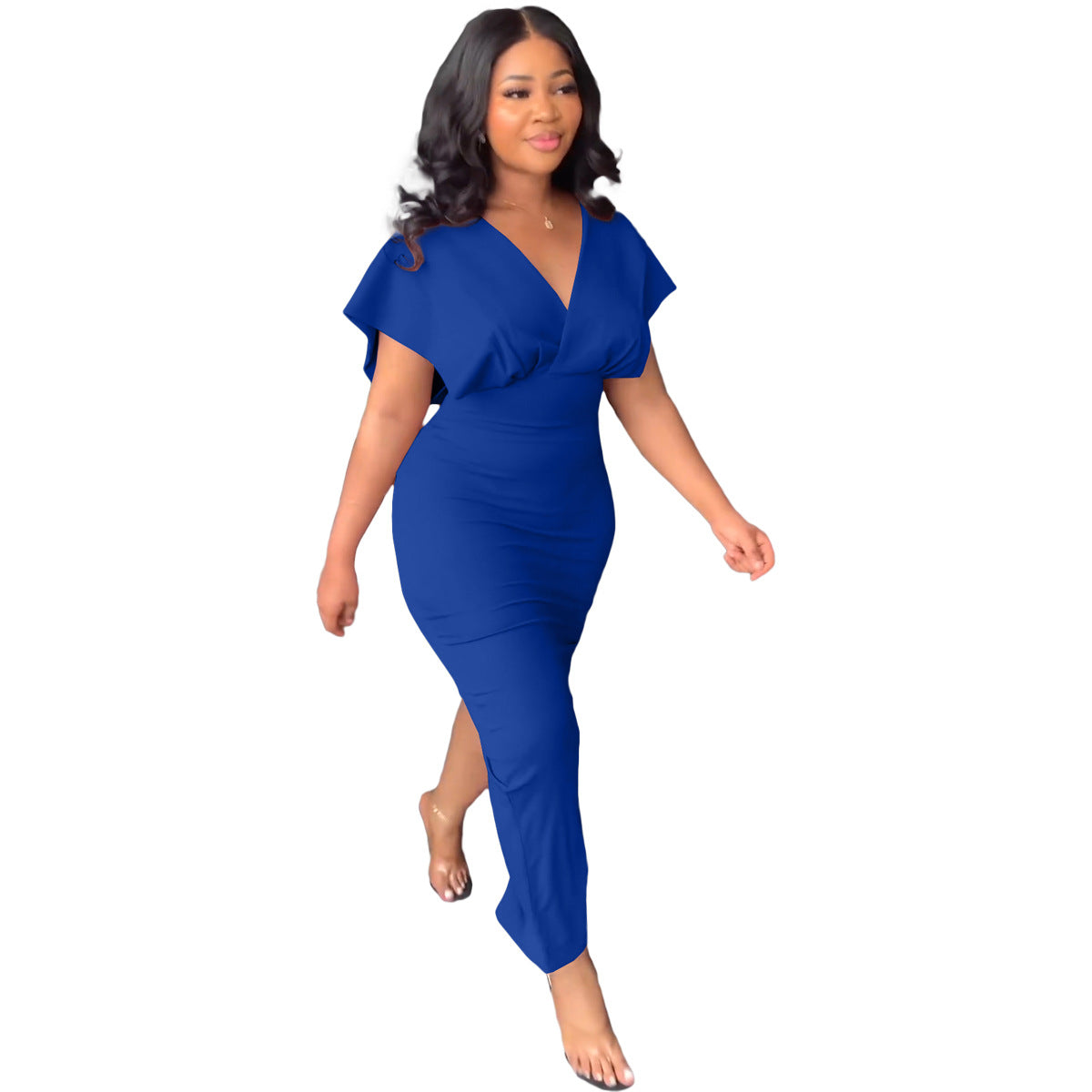 Women'S Fashion Casual Slit V-Neck Short Sleeve Midi Dress 3