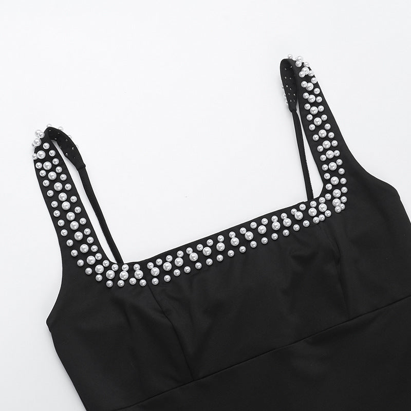 Women Slim Fit Solid Color Chic Pearl Bodycon Long Dress 14