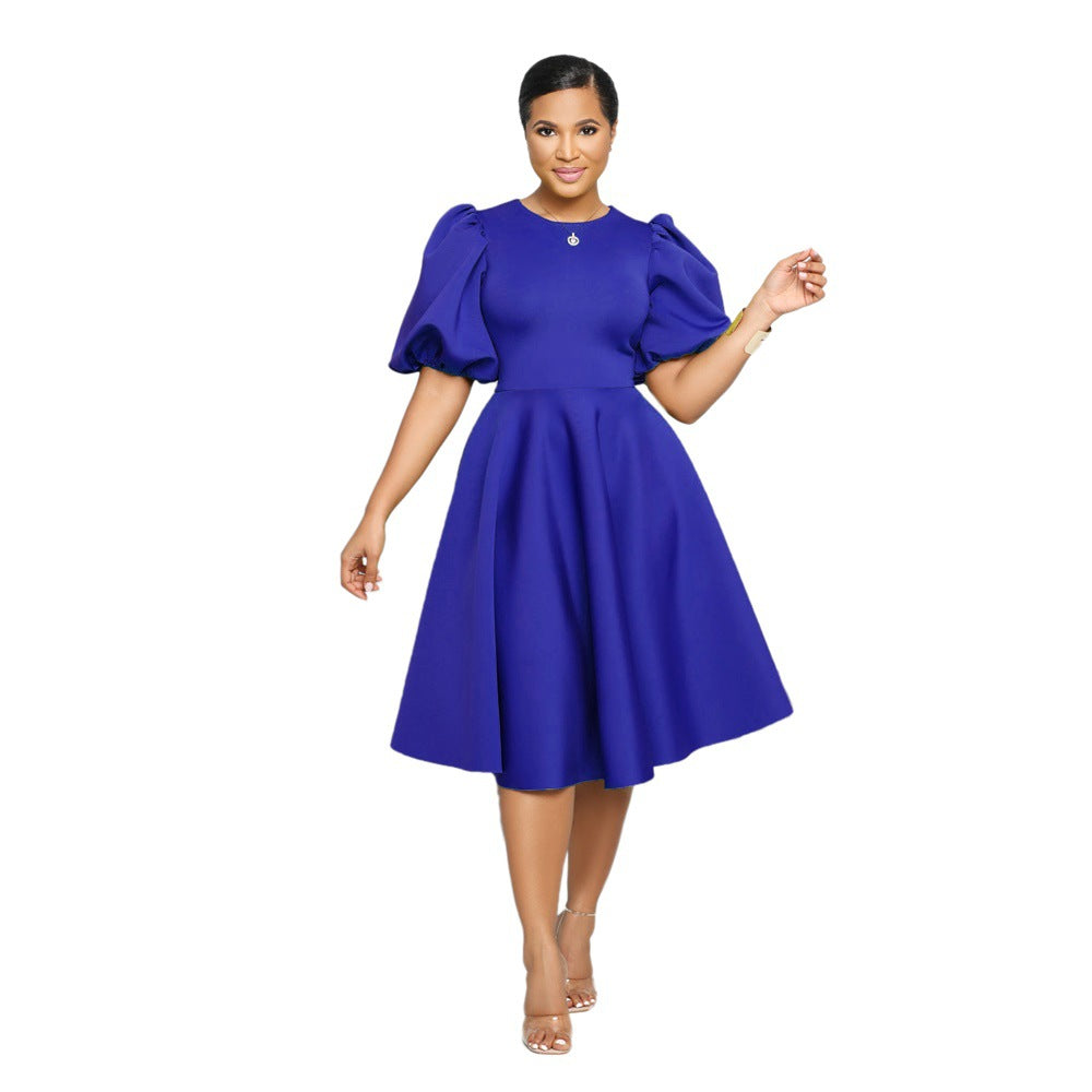 Round Neck Chic Puff Sleeve Slim Waist Swing A-Line Dress 6