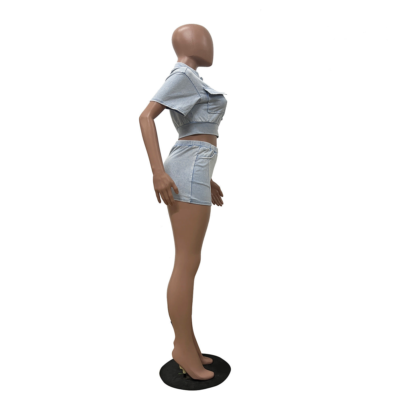 Women casual washed patchwork pocket top and skirt two-piece set 11