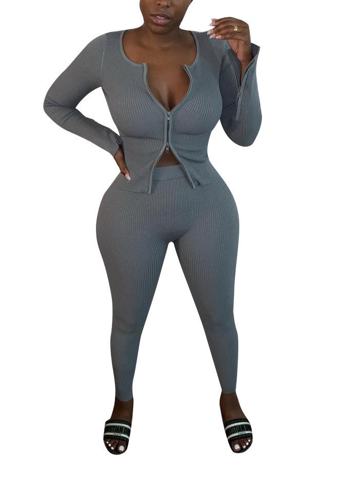 Women Solid Casual Zippered Ribbed Top and Pants Two-piece Set 3