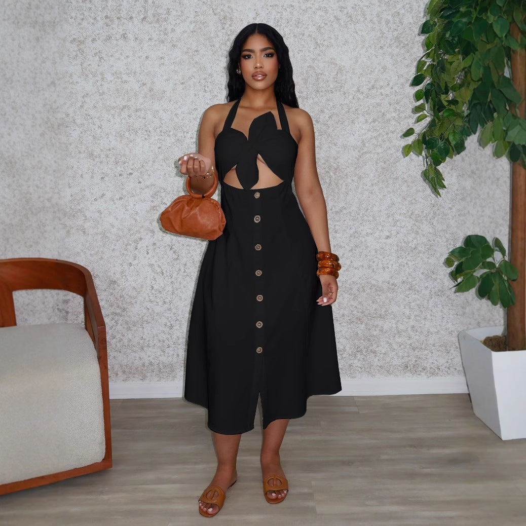 Women Elegant Career Solid Knot Halter Neck Lace-Up Dress 6