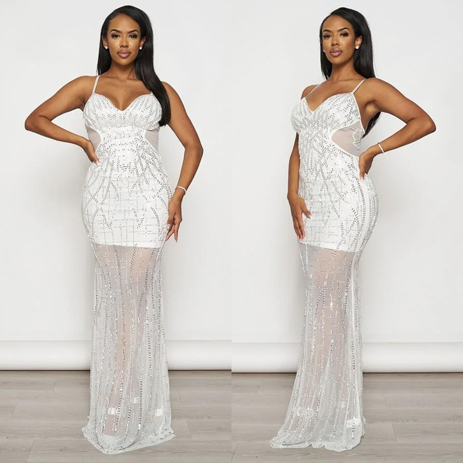 Fashion Women's Solid Color Mesh Beaded Straps Long Dress 5