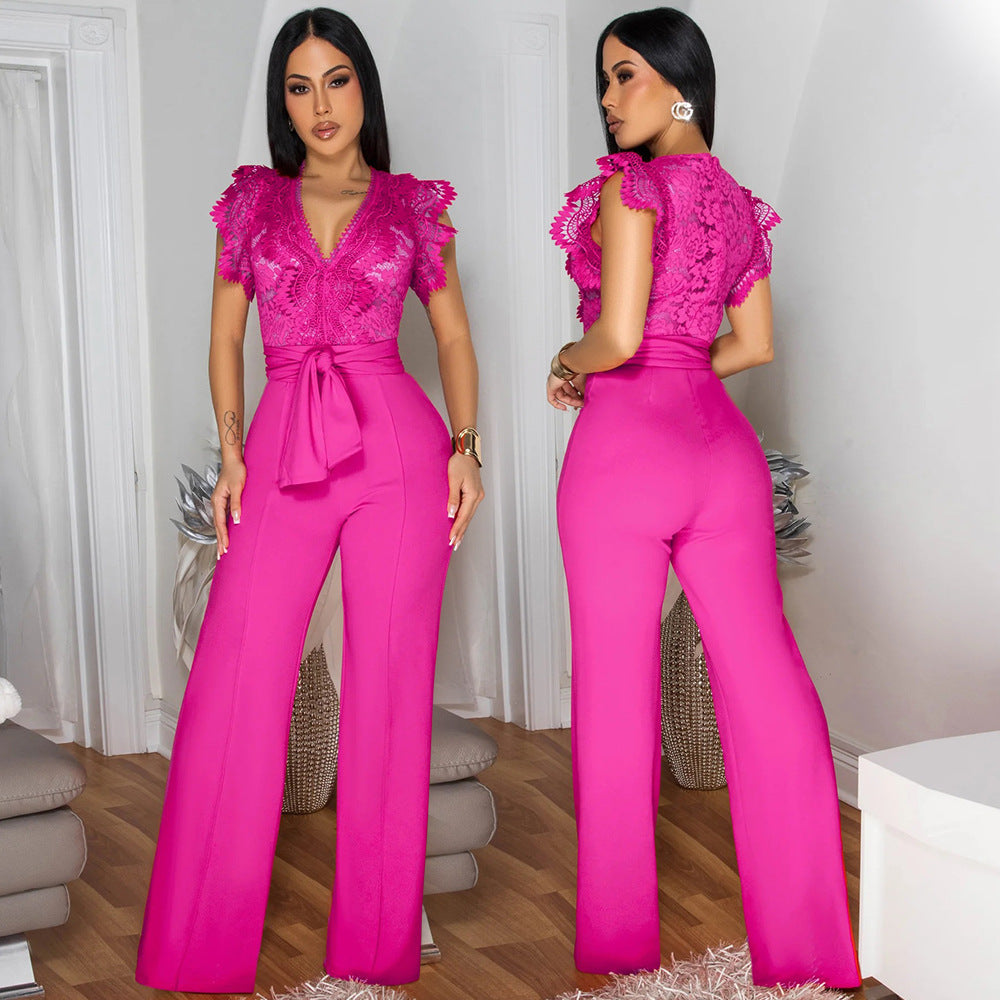 Women's Sexy V-Neck Sleeveless Solid Color Lace-Up Wide-Leg Jumpsuit 3