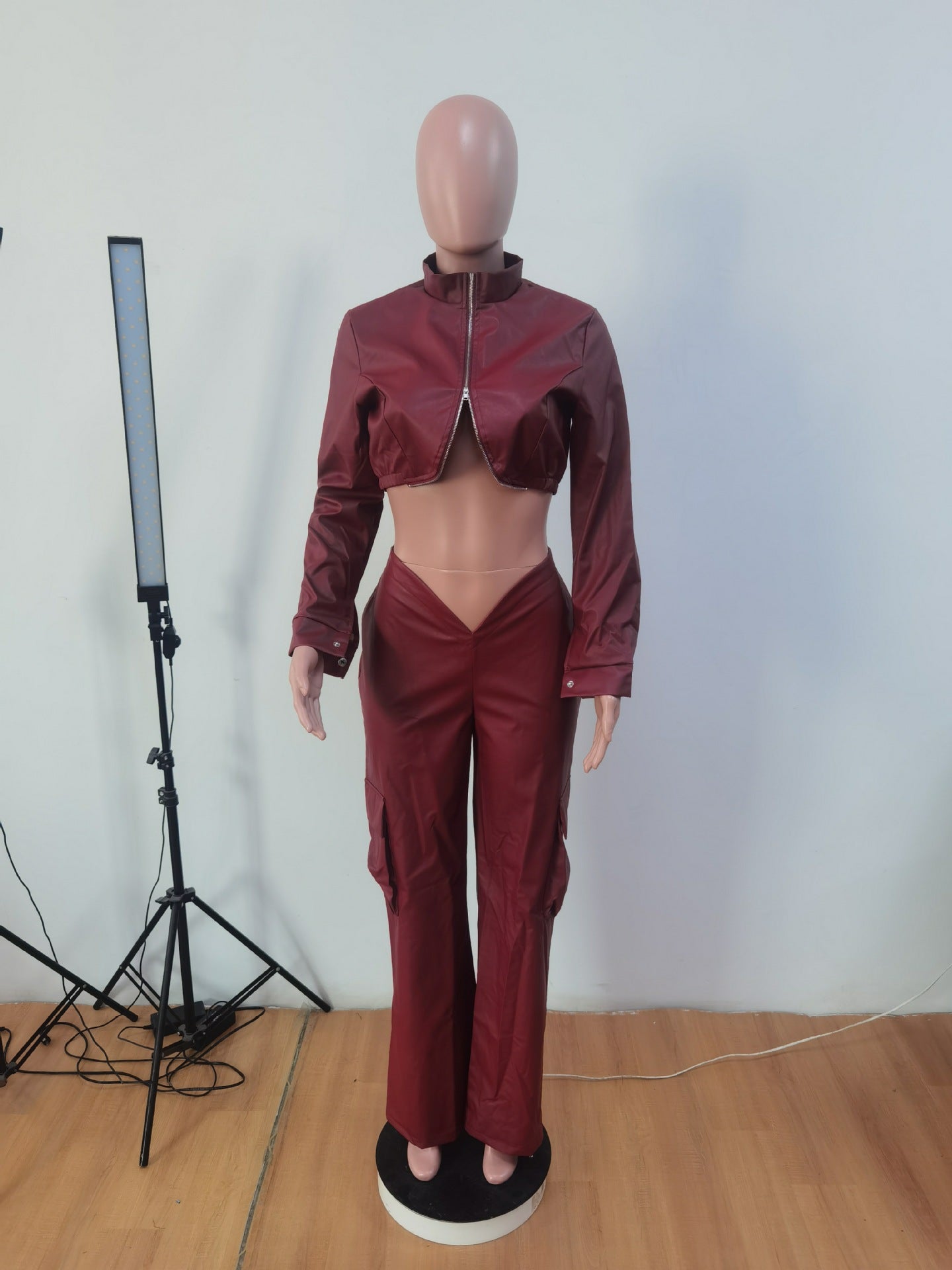 Women's Autumn And Winter Pu Leather Zipper Top Pants Sexy Two-Piece Set 16