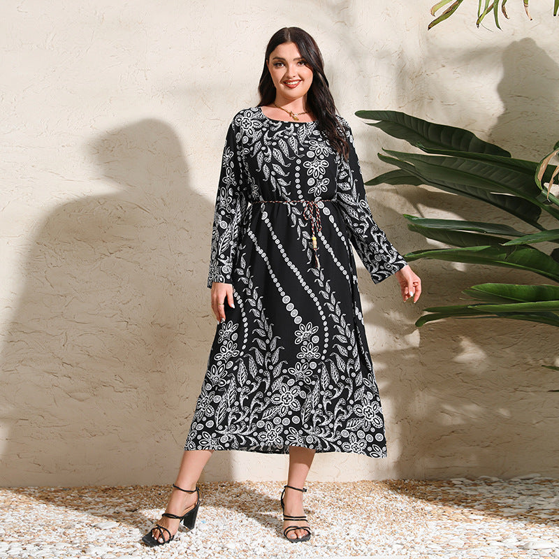 Chic Elegant Printed Loose Long Sleeve Plus Size Dress