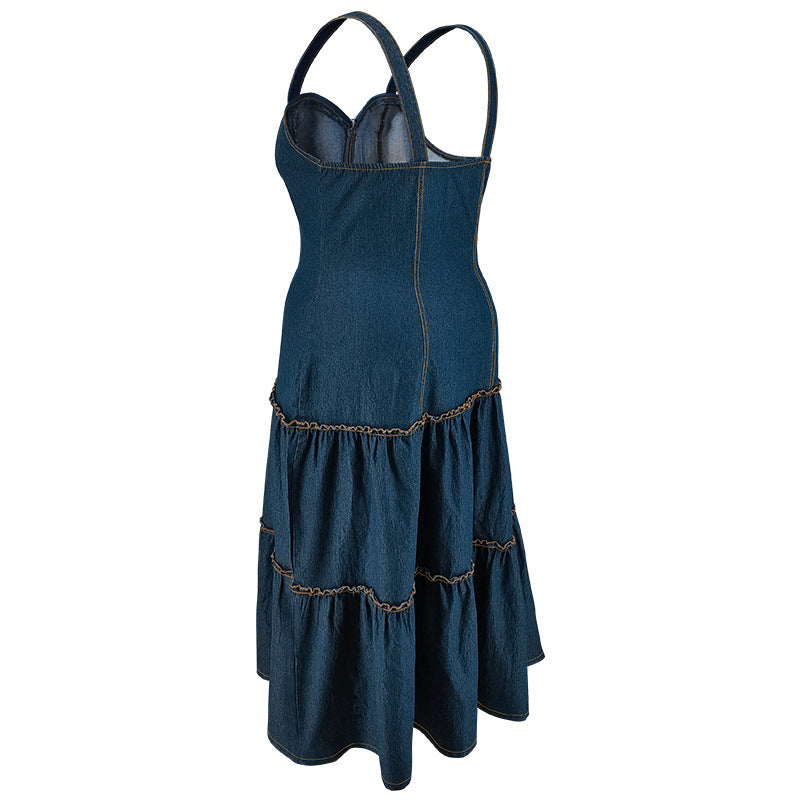 Plus Size Women's Sleeveless Strap Long Denim Dress 8