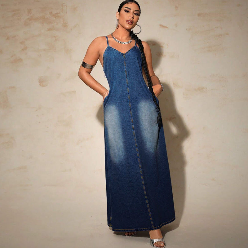 Women's Denim Strap Casual Long Dress 3