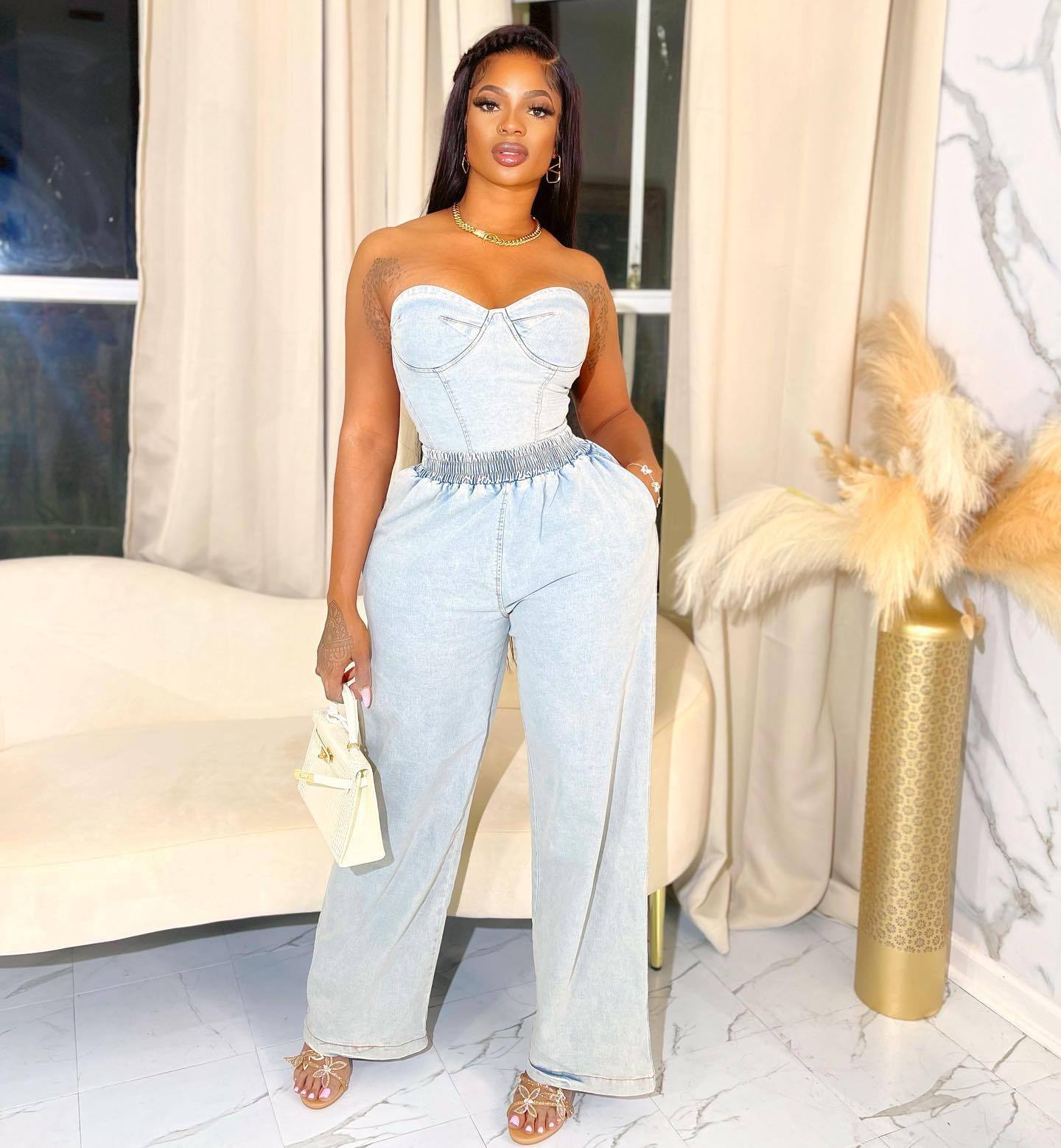 Summer Fashion Strapless Casual Stretch Denim Two-Piece Pants Set 7