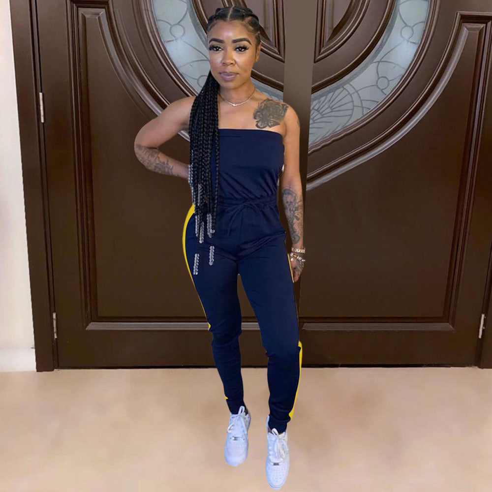 Spring and summer women's style slim fit strapless drawstring waist Jumpsuit 5