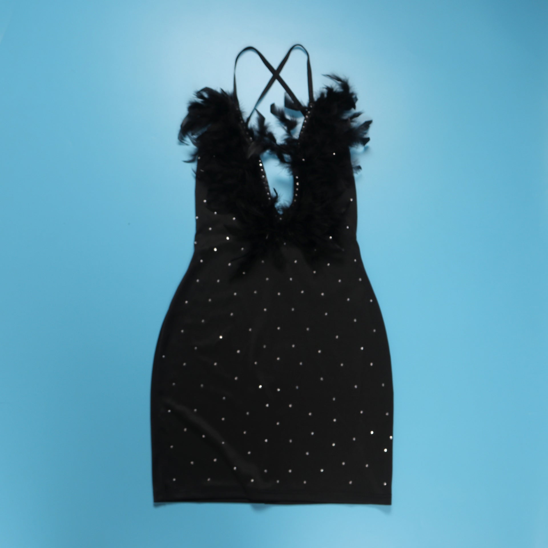 Women Sexy Beaded Feather V-Neck Backless Bodycon Dress 19