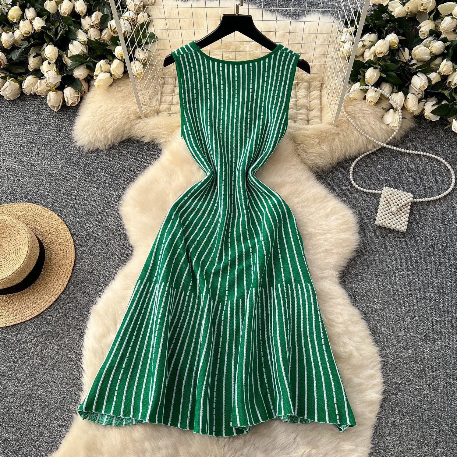 Women's Summer Square Neck Sleeveless Striped Slim Knitting Dress 10