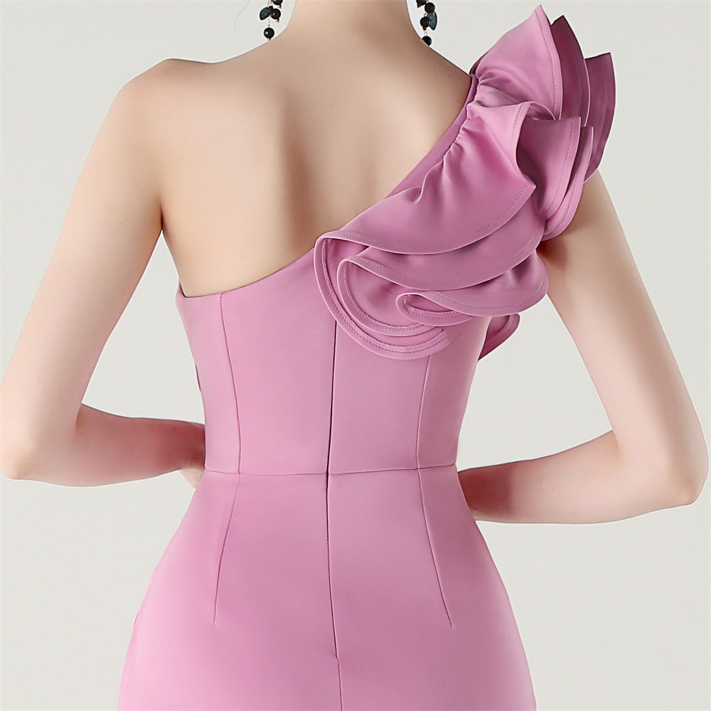 Women One-Shoulder Beaded Wool and Floral Satin Slit Sexy Evening Dress 73