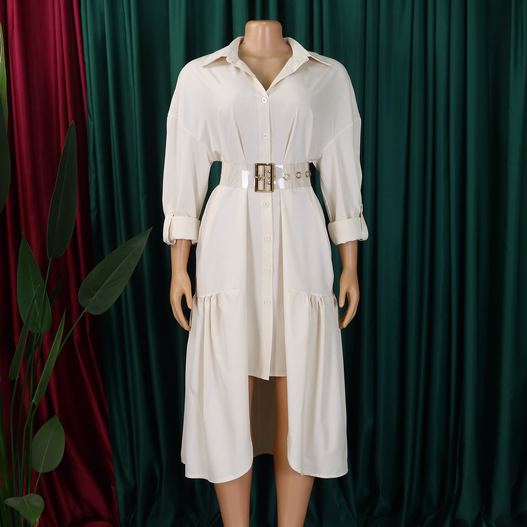 Women's Turndown Collar Solid Color Fashion Loose Casual Button Irregular Shirt Dress 39