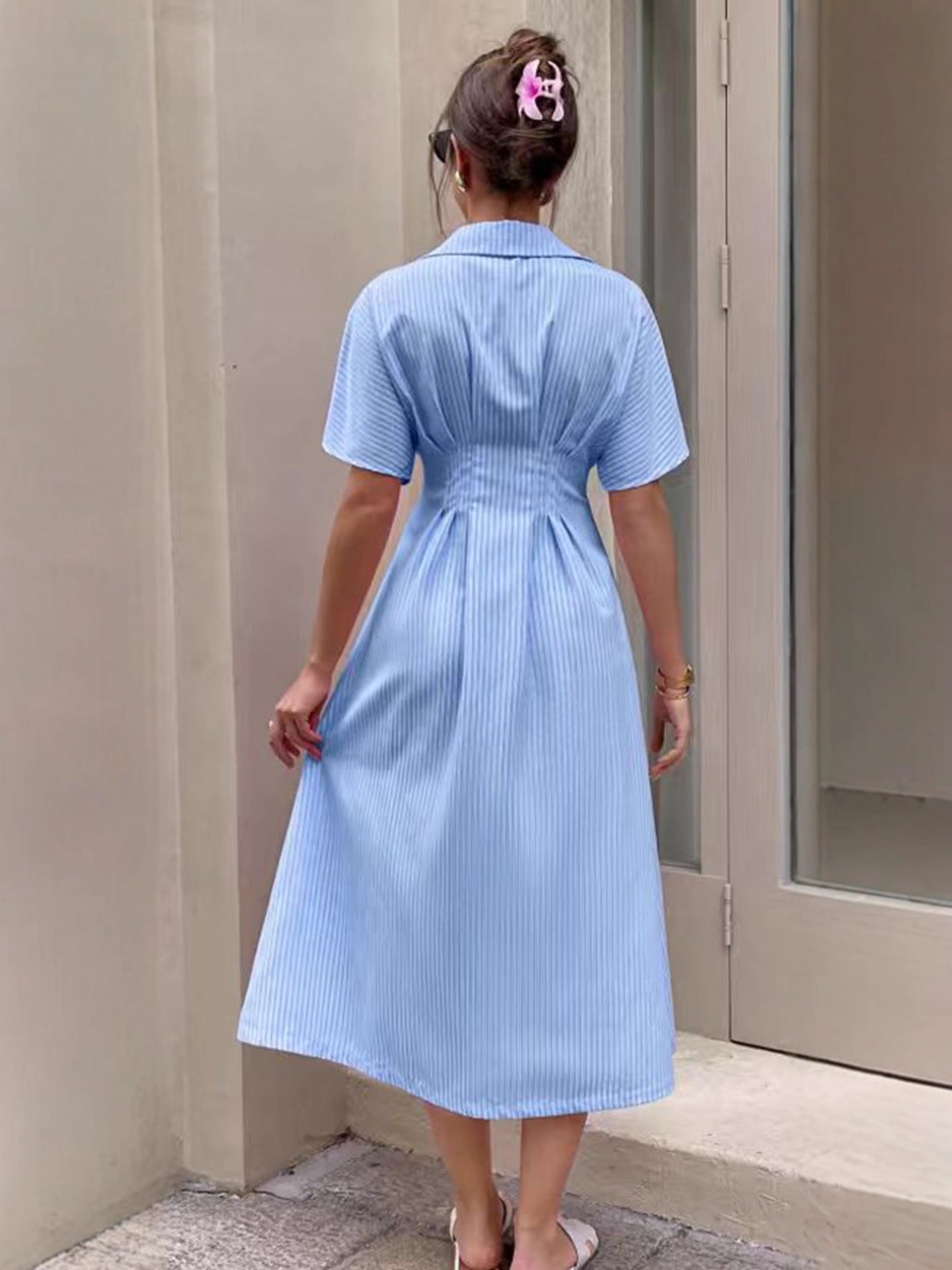 Women Striped Blue Short-Sleeved Shirt Dress 5