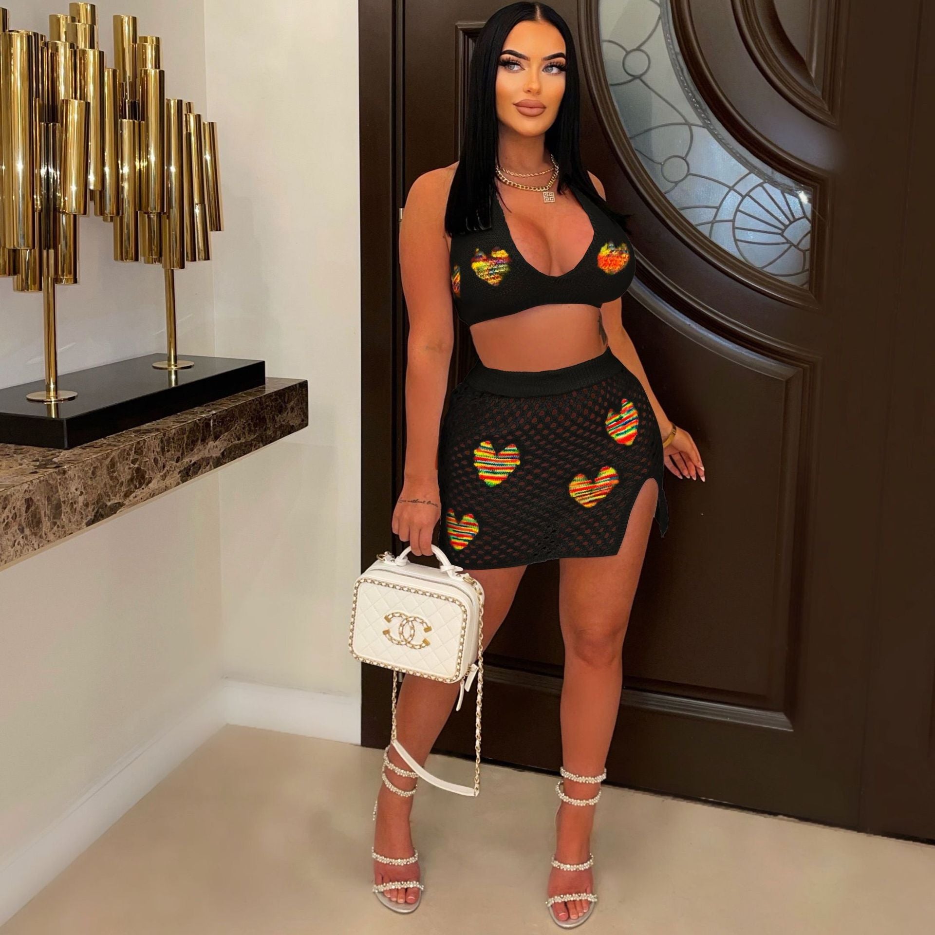 Women's Sexy Heart Print Jacquard Hollow Knitting Beach Fashion Two Piece Skirt Set 8