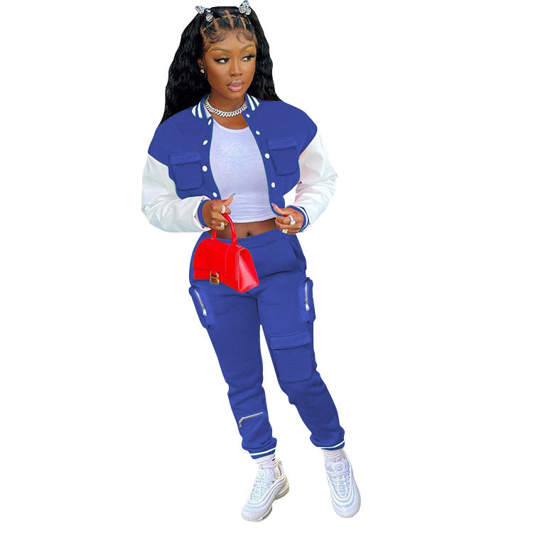Women's Fall/Winter Casual Cargo Style Color Block Baseball Jacket Sweatpants Sports Two Piece Set 10