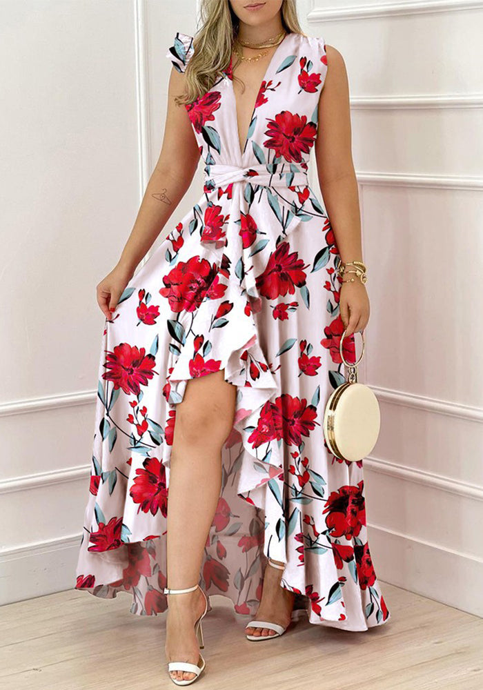 Fashion Summer Chic V-neck High Waist Red Flared Print Dress