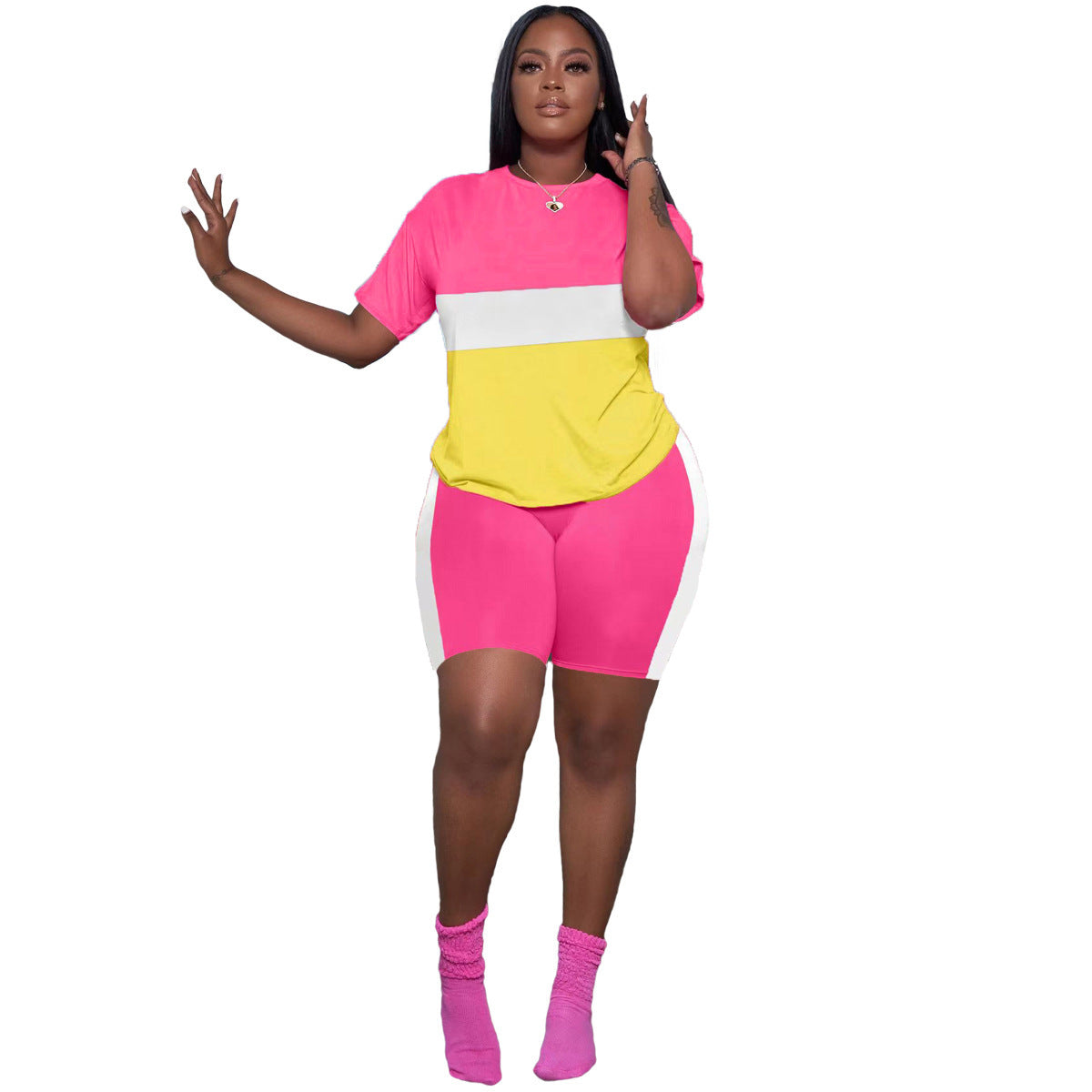 Women Color Block Short Sleeve Top and Shorts Sport Two-Piece Set 7