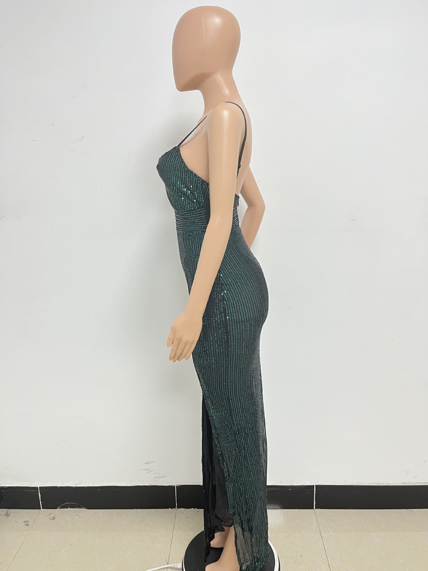 Women's Summer Slit Low Back Dress Sequined Sleeveless Suspender Dress 30