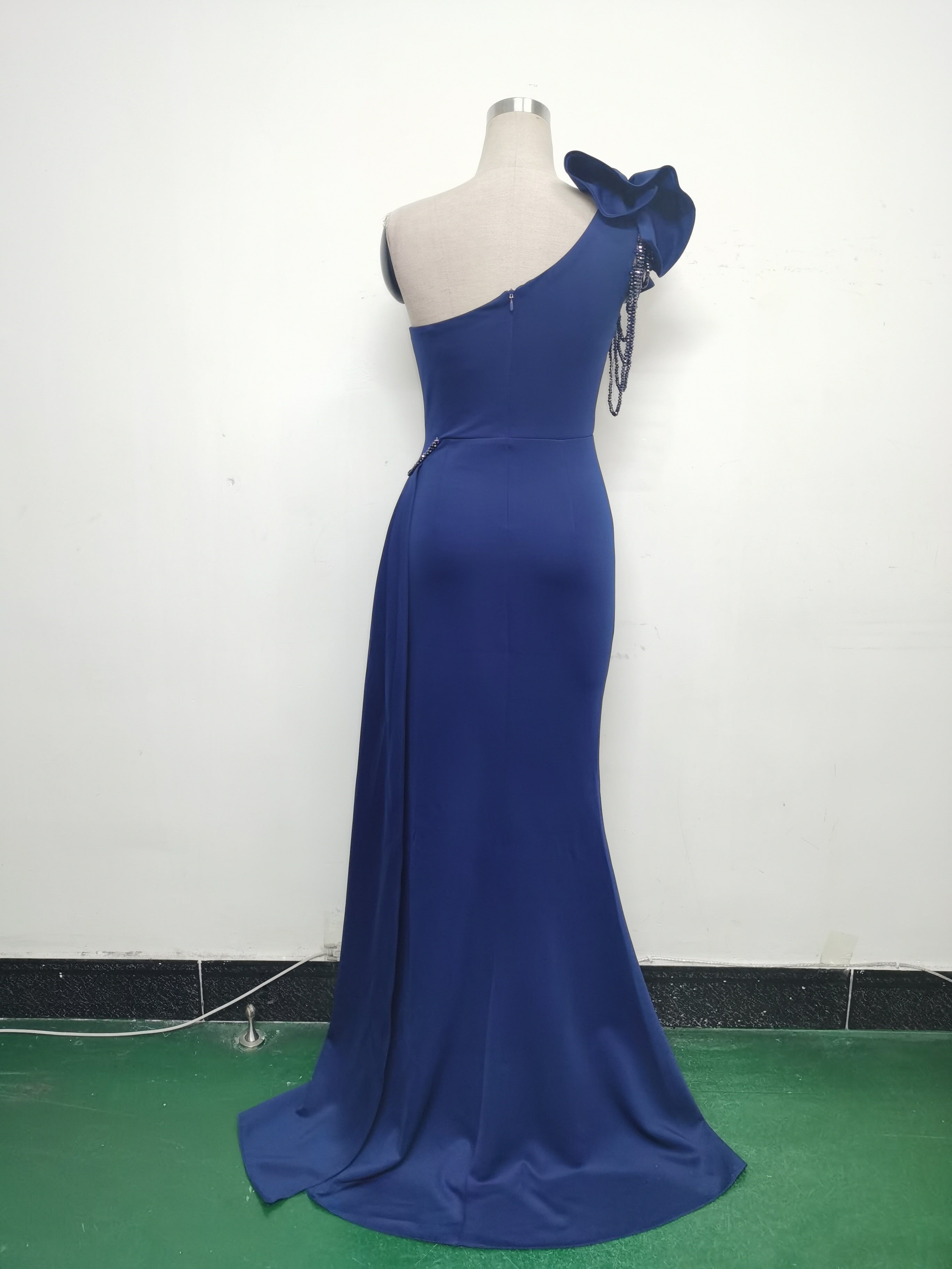 Women Beaded Flower Pleated Off-shoulder Split Evening Dress 25