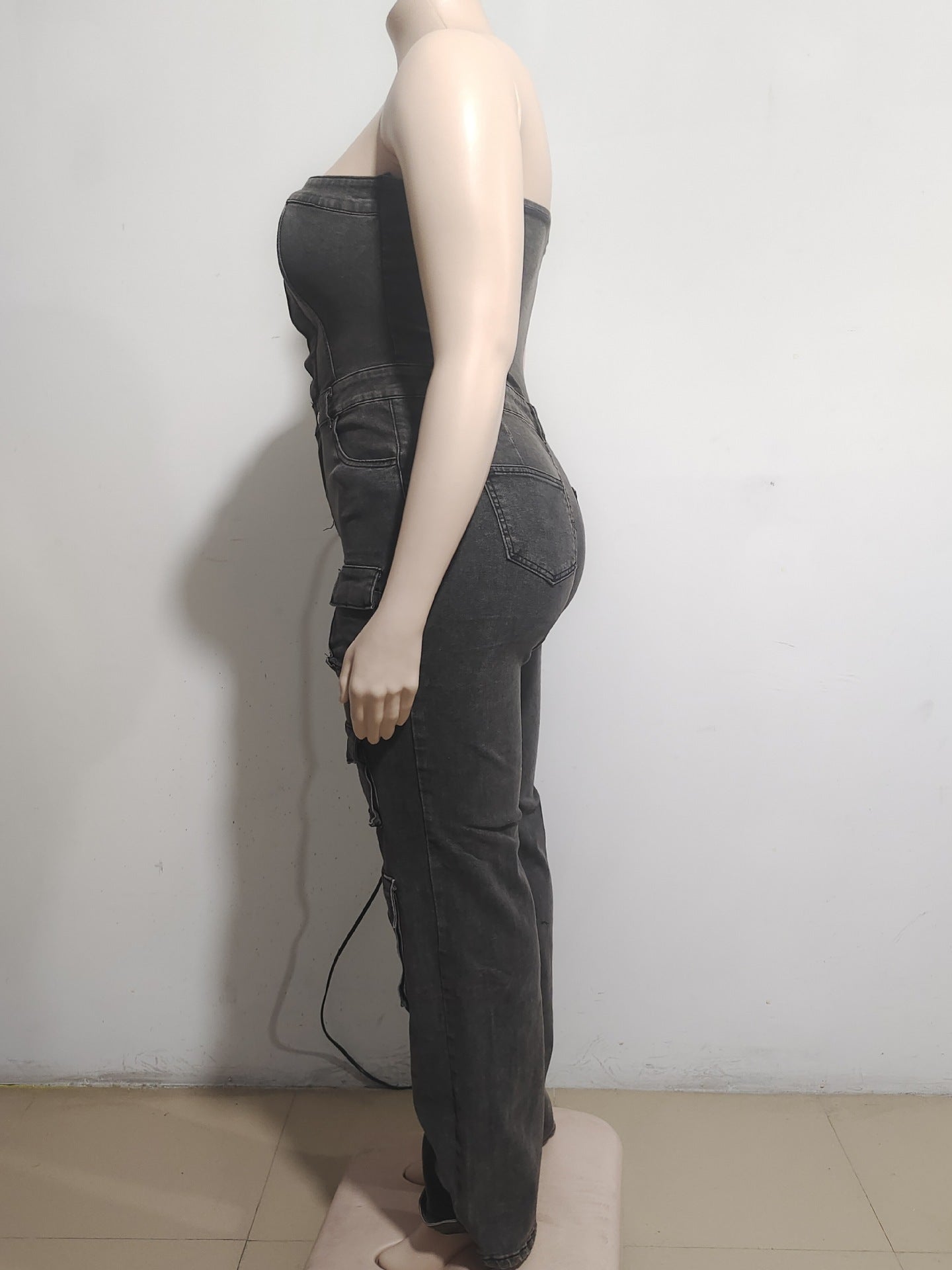 Women Strapless Cargo Denim Jumpsuit 9