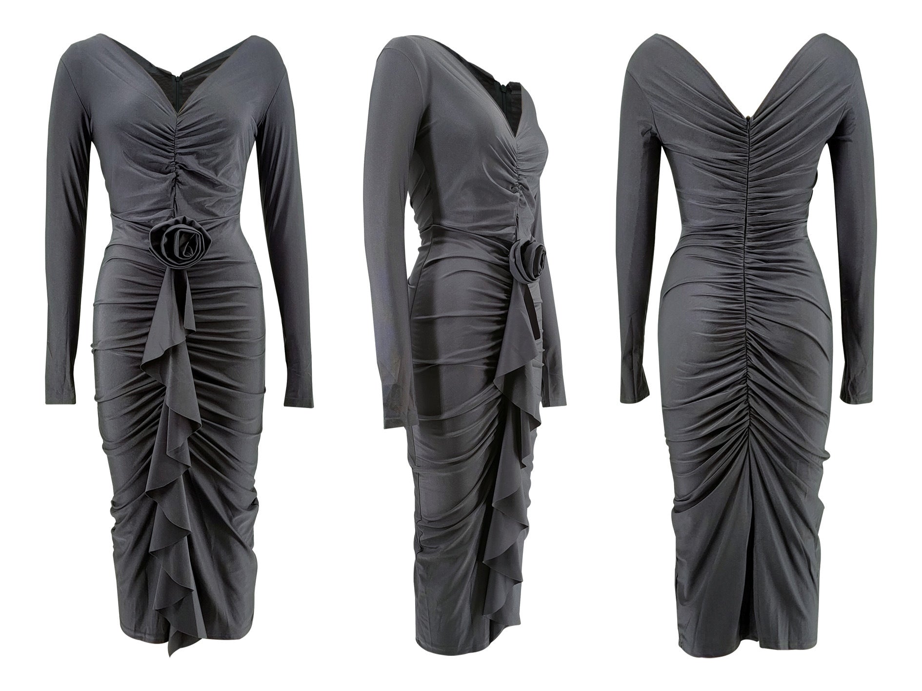 Women's Autumn And Winter Long Sleeve V-Neck Flower Sexy Bodycon Dress 16