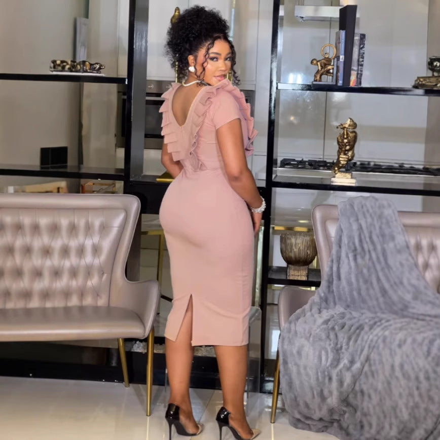 Elegant Career elastic pleated lace slim back slit Bodycon dress 3