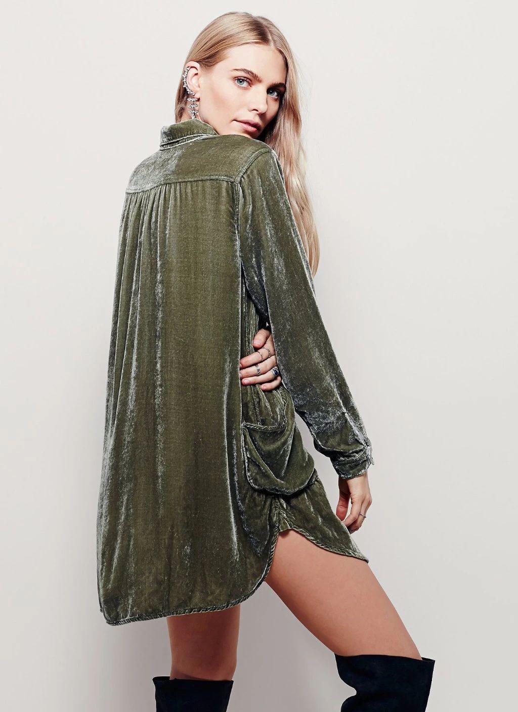 Autumn jacket women's V-neck loose long-sleeved velvet shirt dress 8
