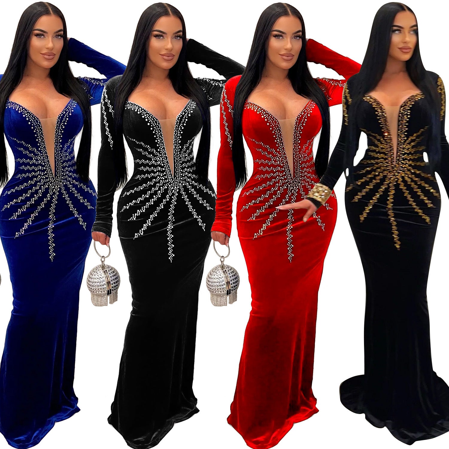Women Sexy Party Long Sleeve Beaded Fishtail Dress