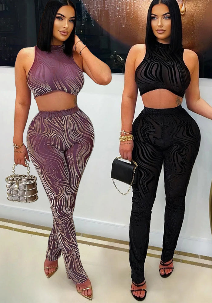 Women Round Neck Sexy Sleeveless Crop Top and Pants Two Piece Set