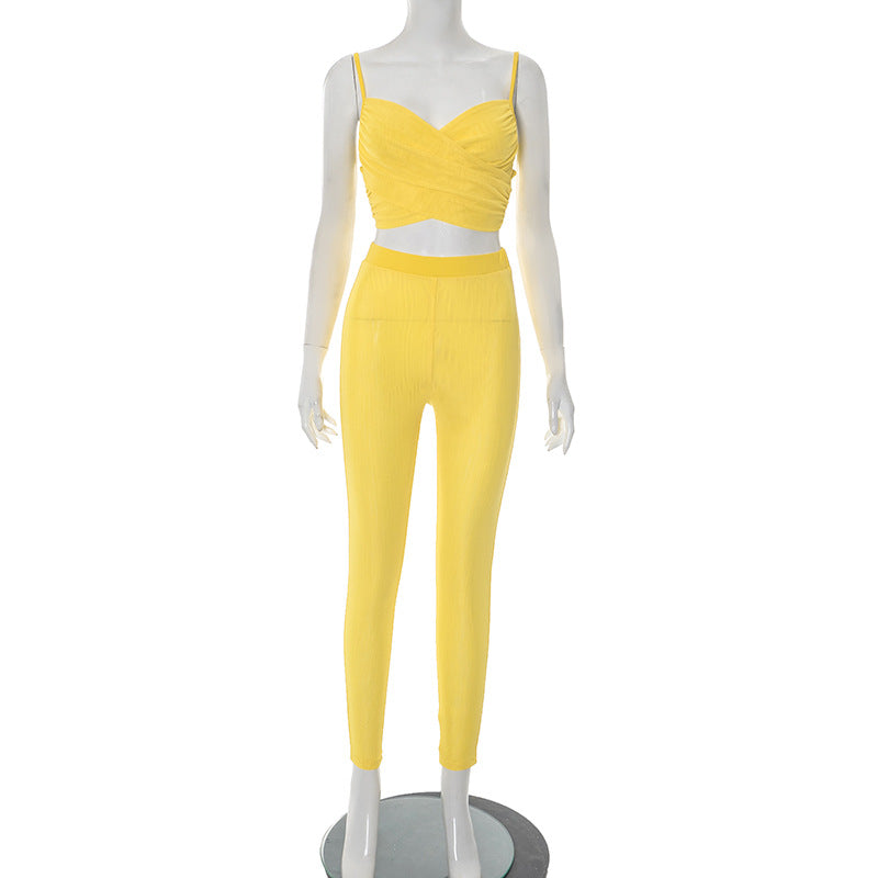 Women's Spring-Summer Hollow Pleated Crop Top Skinny Pants Set 5