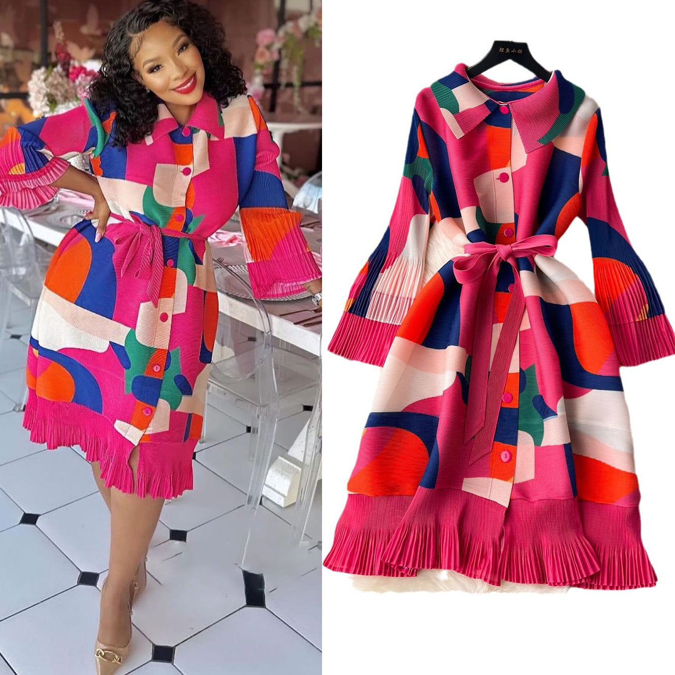 Print Women Summer Loose Slim Fit Casual Pleated Dress 4