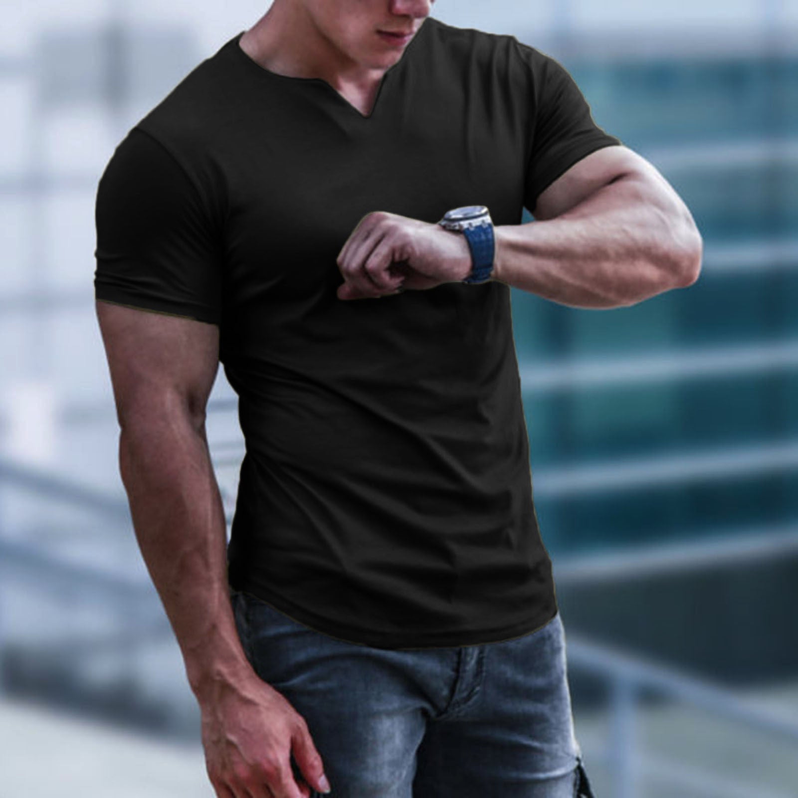 Men'S Solid Color Top Round V-Neck Slim Short Sleeve T-Shirt Half Sleeve Men'S Basic Shirt 3