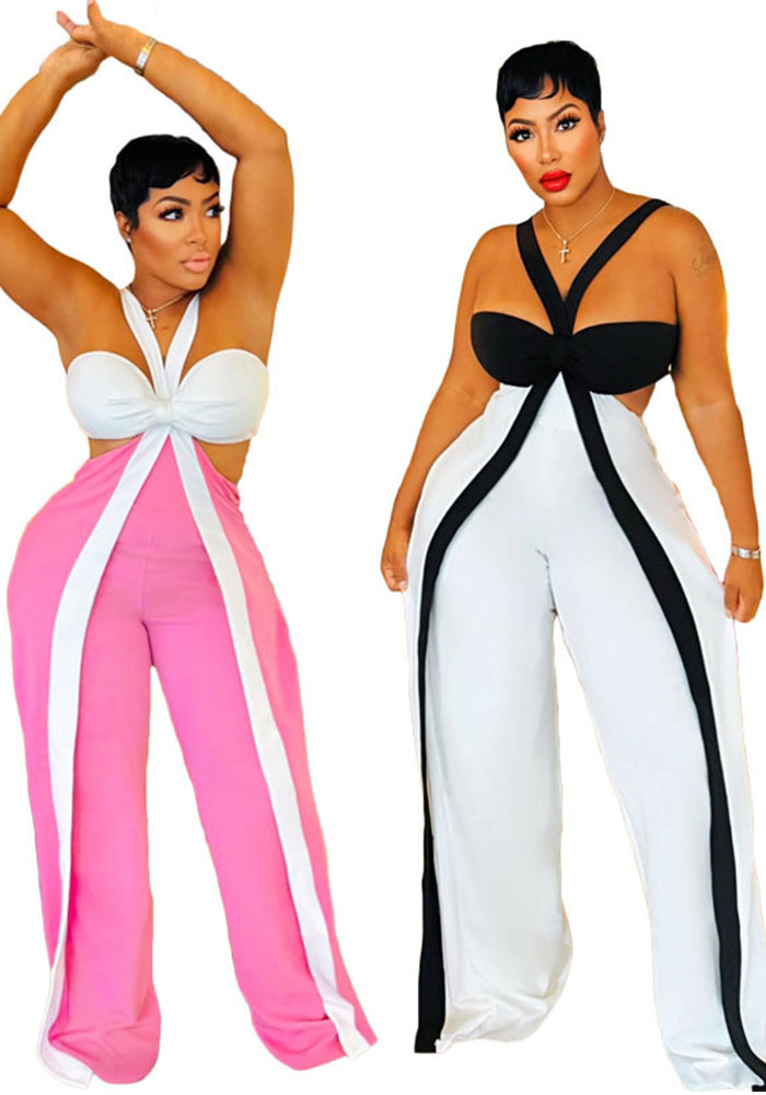 Women's Fashion Color-Block Low-Cut V-Neck Sexy Wide-Leg Jumpsuit