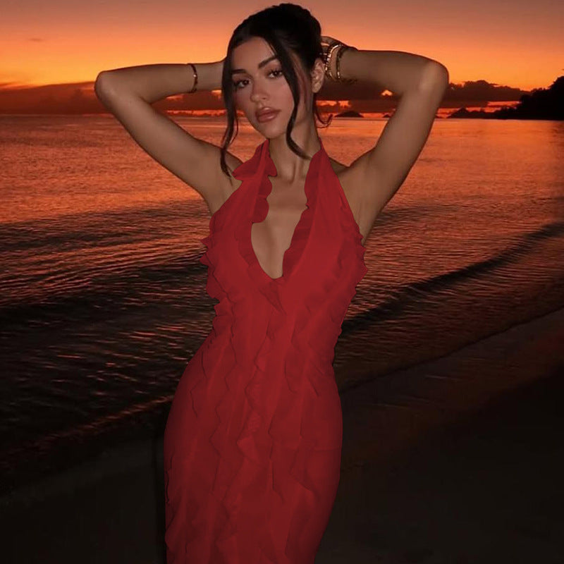 Summer Women's Fashion Sleeveless Low Back Ruffled Deep V-Neck Sexy Long Dress 3